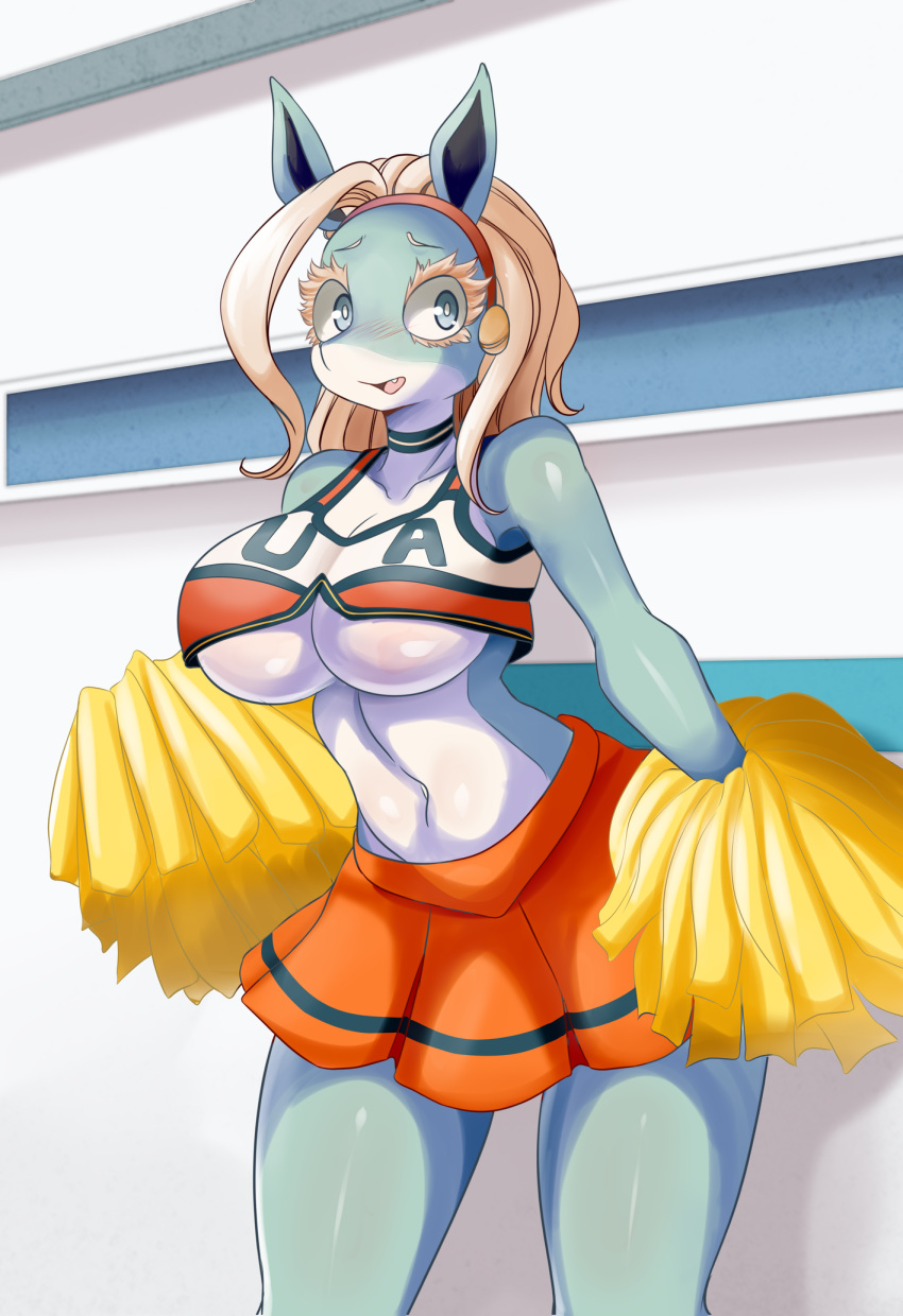 anthro big_breasts blush bottomwear breasts cheerleader civilian_(mha) clothing female hi_res ippan_josei lucyfercomic my_hero_academia pom_poms scalie shirt skirt solo topwear under_boob