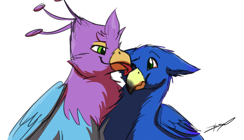 absurd_res avian beak bird blue_body blueshift_(novawolfy) duo face_lick feathered_wings feathers female feral galliform green_eyes gryphon gyro_feather gyrotech hi_res licking male mythological_avian mythology peafowl phasianid pink_body quadruped tongue tongue_out wings xeirla