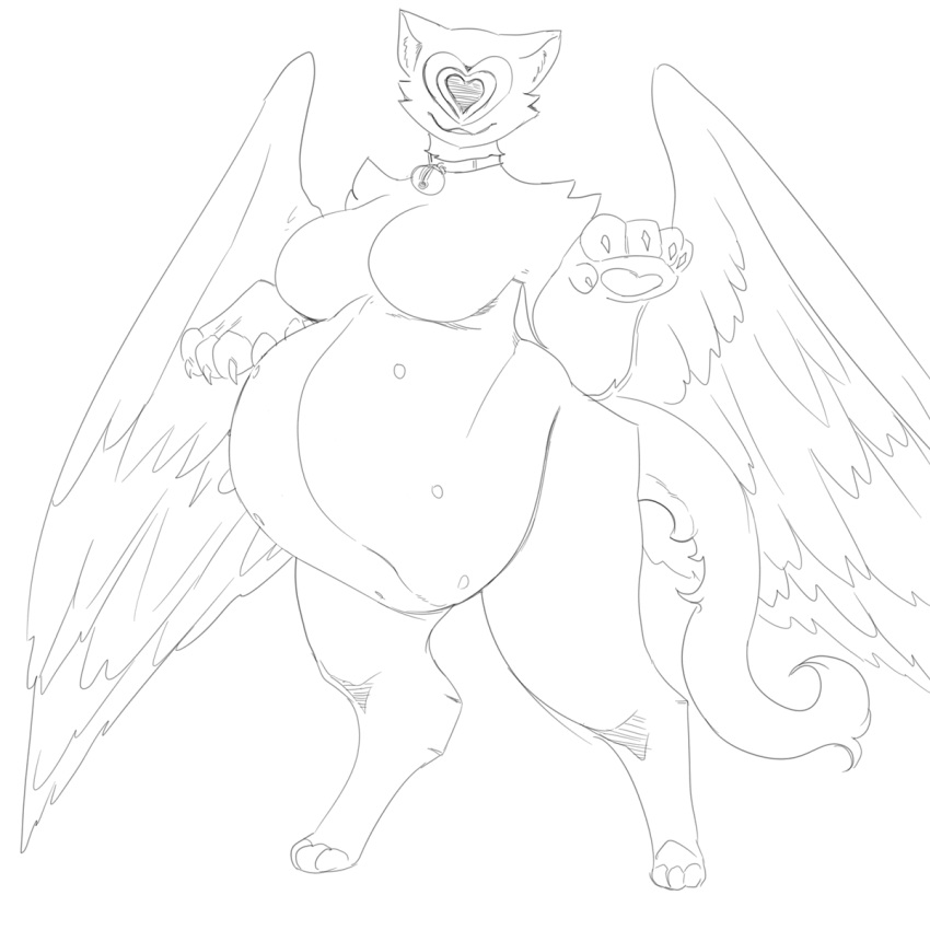 &lt;3 1:1 3_toes 5_fingers :3 anthro avian bell bell_collar belly big_belly big_breasts big_wings biped breasts cheek_tuft claws collar collar_only curvy_figure digitigrade facial_tuft feathered_wings feathers featureless_breasts feet felid female finger_claws fingers fluffy fluffy_tail front_view full-length_portrait fur greyscale grindavikbydaylight hi_res hindpaw hip_tuft inner_ear_fluff layered_heart mammal monochrome monotone_body monotone_ears monotone_feathers monotone_fur monotone_tail monotone_wings multi_nipple mythological_sphinx mythology navel nipples nude obese obese_anthro obese_female overweight overweight_anthro overweight_female pantherine pawpads paws portrait pose shoulder_tuft simple_background slightly_chubby smile solo standing toes tuft voluptuous white_background white_body white_ears white_feathers white_fur white_inner_ear_fluff white_tail white_wings wide_hips wings