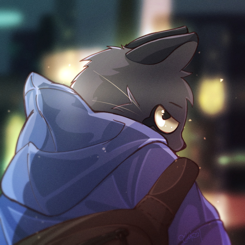 1:1 2021 anthro blue_clothing city clothing cougar felid feline felis fur hajime_tanaka_(odd_taxi) hi_res hoodie looking_back male mammal noubott odd_taxi signature solo topwear