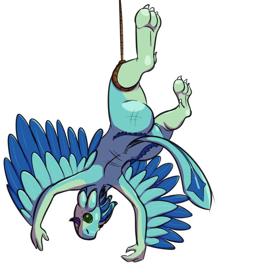 1:1 anthro avali avali_(original) blue_body blue_feathers countershading denton digitigrade feathered_wings feathers female green_body green_eyes gyrotech hanging_by_feet hi_res luvashi solo winged_arms wings