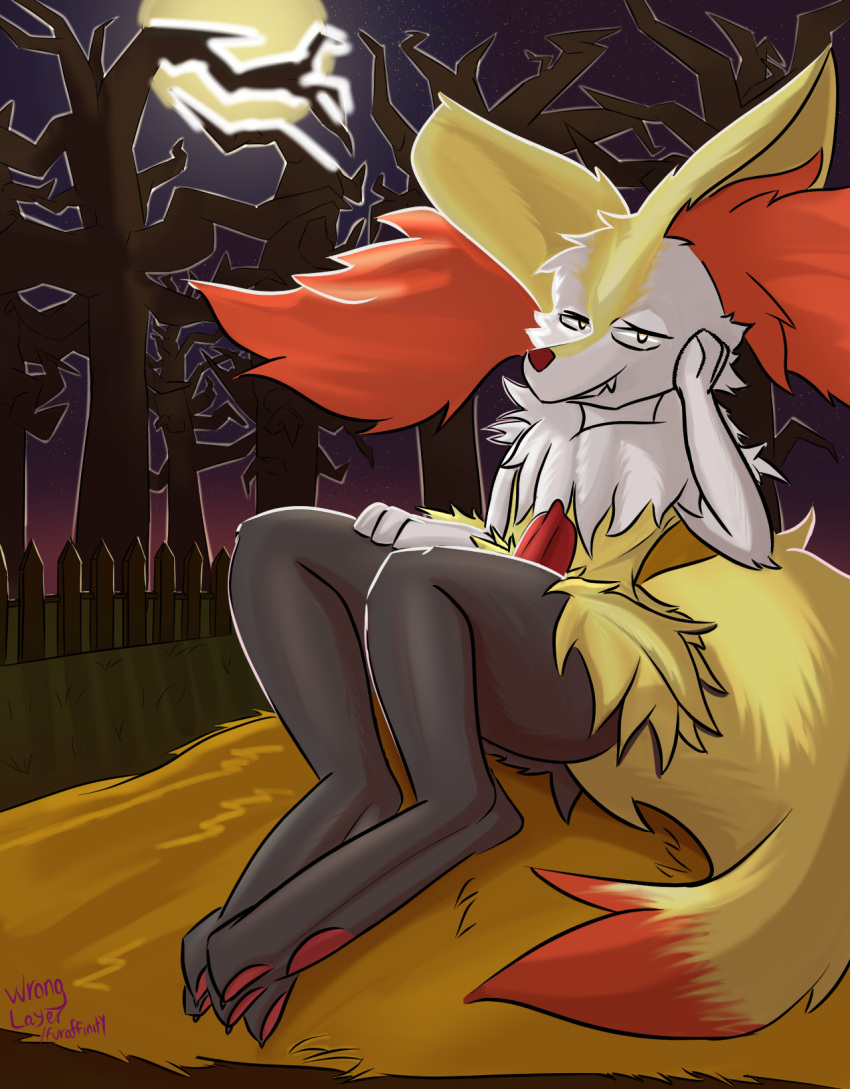 animal_genitalia animal_penis braixen canine_penis fur genitals hay hi_res looking_at_viewer male moon night nintendo orange_eyes pawpads penis pok&eacute;mon pok&eacute;mon_(species) sitting smile smiling_at_viewer solo video_games white_body white_fur wronglayer yellow_body