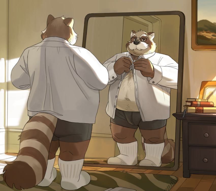 2021 absurd_res anthro belly brown_body brown_fur clothing detailed_background dressing eyewear facial_hair fur glasses hi_res huynhduyad14 inside male mammal marty_raccoon mature_male mirror mustache overweight overweight_male procyonid raccoon shirt solo topwear underwear