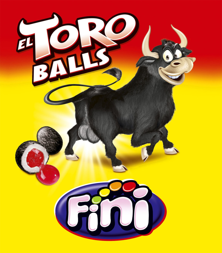advertisement balls big_balls black_body black_fur bovid bovine candy cattle cloven_hooves dessert feral fini_(candy) food fur genitals hi_res hooves lips looking_at_viewer looking_back looking_back_at_viewer male mammal official_art solo text toony unknown_artist