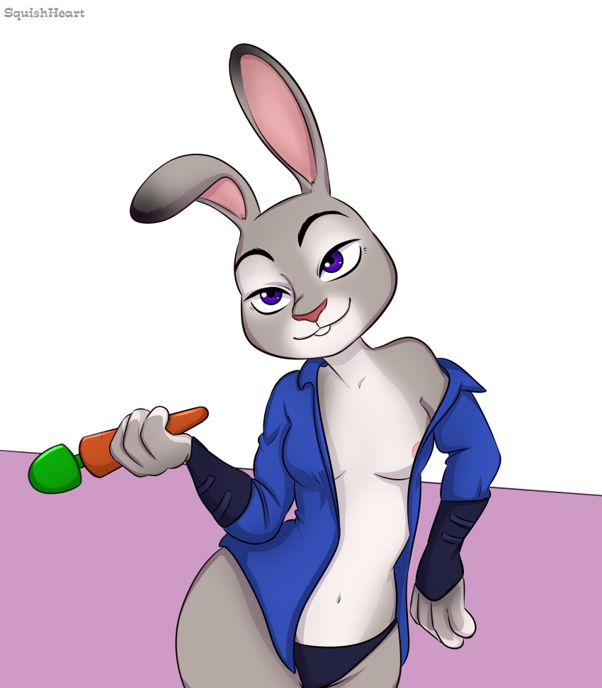 absurd_res anthro breasts buckteeth clothed clothing disney female half-length_portrait hi_res holding_object judy_hopps lagomorph leporid looking_at_viewer mammal multicolored_body nipple_slip open_clothing open_shirt open_topwear panties portrait purple_eyes rabbit shirt small_breasts solo squishheart teeth topwear two_tone_body underwear zootopia