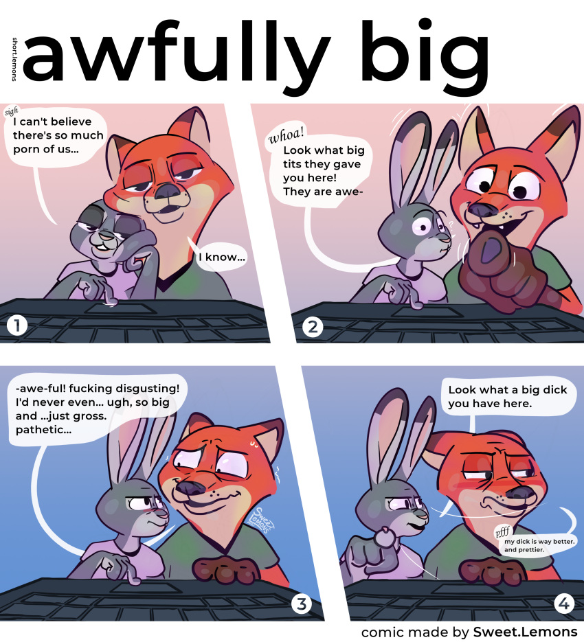 2021 4_fingers absurd_res anthro black_nose blush bored breaking_the_fourth_wall canid canine canis comic computer conjoined_speech_bubble dialogue disney duo english_text escaping_text eyebrows fangs female fingers fox fur grey_body grey_fur half-closed_eyes hi_res humor judy_hopps keyboard lagomorph laptop leporid long_ears looking_aside looking_at_another male male/female mammal multicolored_body multicolored_fur narrowed_eyes nick_wilde number numbered_panel open_mouth orange_body orange_fur pink_nose pornography profanity rabbit scroll shaded simple_background simple_coloring simple_eyes simple_shading smile speech_bubble sweet.lemons teeth teeth_showing text title two_tone_body two_tone_fur zootopia