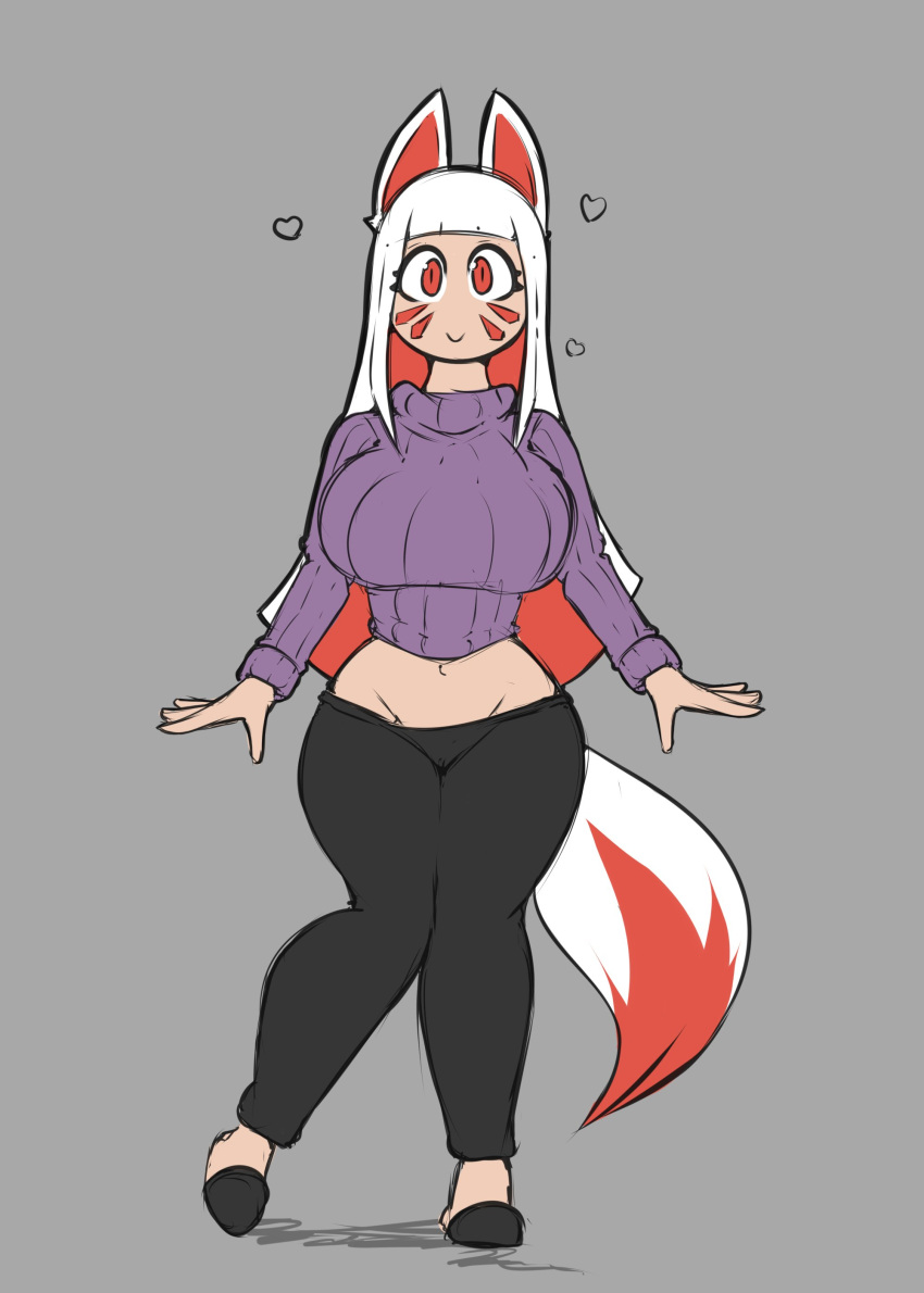 &lt;3 absurd_res animal_humanoid big_breasts bottomwear breasts canid canid_humanoid canine canine_humanoid clothed clothing conditional_dnp dipstick_tail facial_markings female fox_humanoid hair head_markings hi_res humanoid looking_at_viewer mammal mammal_humanoid markings midriff pants quin-nsfw red_eyes simple_background smile solo standing sweater tail_markings thick_thighs topwear white_hair yuki_(quin-nsfw)