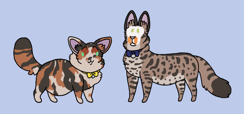 2021 absurd_res bell bell_collar bow_tie brown_body brown_fur calico_cat chibi cocaineaco_(graystillplays) collar domestic_cat duo electronic_arts felid feline felis female feral fur green_eyes grey_body grey_fur hi_res kibbleztheyeen male mammal markings maxis_(ea) mottled piebald pink_nose slightly_chubby spleens_(graystillplays) striped_markings stripes the_sims tonsils_(graystillplays) video_games