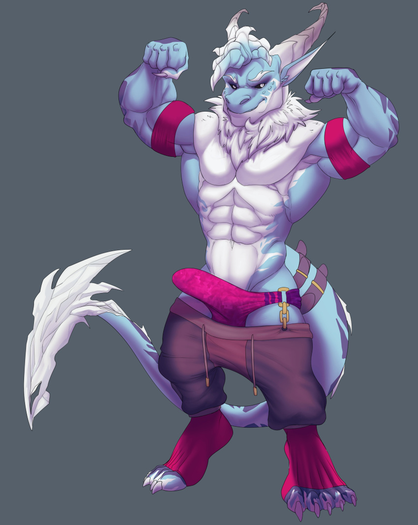 2021 2_horns 5_fingers 5_toes absurd_res accessory alternate_version_at_source anthro belly belt belt_accessory big_abs big_biceps big_bulge big_muscles big_pecs big_quads big_triceps black_sclera blue_arms blue_body blue_ears blue_face blue_fingers blue_hands blue_legs blue_scales blue_tail blue_toes bottomwear bristol brown_belt brown_bottomwear brown_clothing brown_pants bulge claws clothed clothing colored digital_drawing_(artwork) digital_media_(artwork) digitigrade dragon erection erection_under_bottomwear erection_under_clothing erection_under_speedo eyebrows feet finger_markings fingers footwear full-length_portrait fur furgonomics genital_outline gold_(metal) gold_chain grey_background hi_res horn huge_bulge humanoid_hands male male_anthro manly markings multicolored_body multicolored_scales muscular muscular_anthro muscular_male navel obliques open_mouth open_smile pants pants_down partially_clothed pecs penis_outline pink_armband pink_clothing pink_footwear pink_socks pink_speedo portrait pose purple_speedo raised_arms scales scalie serratus shaded sharp_teeth simple_background smile socks solo standing tail_accessory tail_belt teeth three-quarter_view toe_markings toeless_footwear toeless_socks toes topless topless_anthro topless_male two_tone_body two_tone_face two_tone_fingers two_tone_scales two_tone_speedo two_tone_tail two_tone_toes white_belly white_body white_chest white_claws white_eyebrows white_eyes white_face white_fingers white_fur white_horn white_inner_ear white_markings white_neck white_scales white_tail white_toes