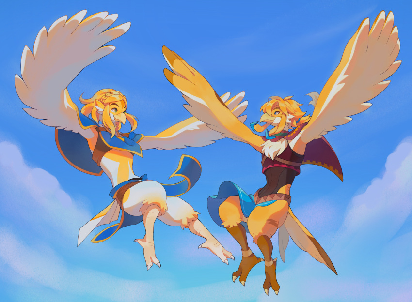 alternate_species anthro avian beak bird breath_of_the_wild clothed clothing digital_media_(artwork) duo feathers female hair hi_res link link_(rito_form) male mochii_lisa nintendo princess_zelda rito simple_background smile the_legend_of_zelda video_games wings