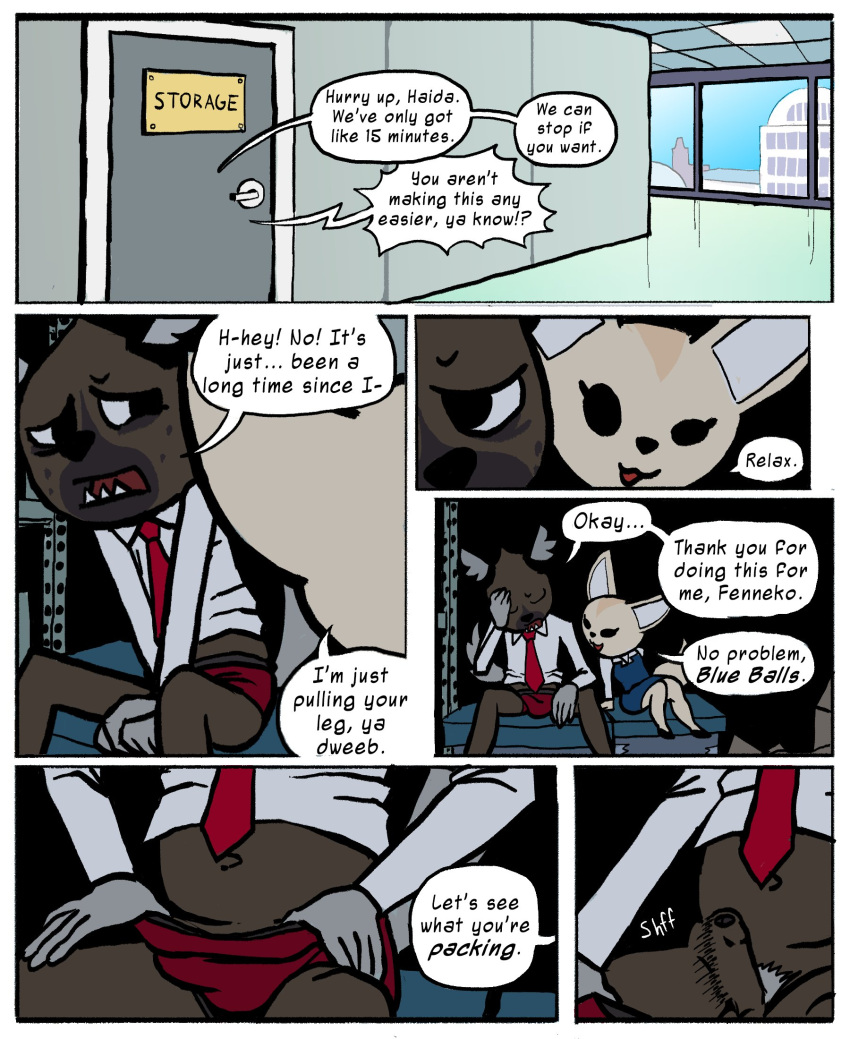 aggressive_retsuko anthro big-fig bottomwear bulge canid canine clothed clothing comic detailed_background dialogue duo english_text female fennec fenneko fox genitals haida hallway hi_res hyaenid male male/female mammal necktie nervous office pants_down partially_clothed penis pubes sanrio sitting skirt speech_bubble teeth text underwear window