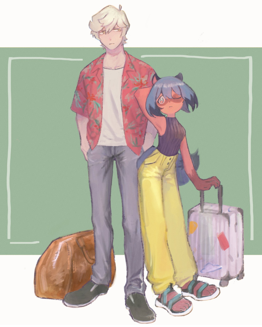 aloha_shirt bottomwear brand_new_animal canid canine clothing duo female flip_flops footwear hi_res human luggage male male/female mammal michiru_kagemori ochika_yorumo one_eye_closed pants pattern_clothing pattern_shirt pattern_topwear procyonid raccoon raccoon_dog romantic romantic_couple sandals shirou_ogami shirt shoes simple_background size_difference standing studio_trigger summer tanuki topwear white_clothing white_shirt white_topwear yellow_bottomwear yellow_clothing yellow_pants