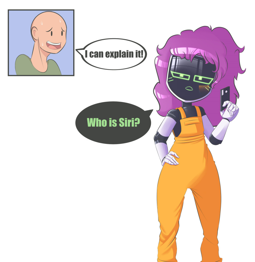 2021 absurd_res cellphone chaz_dono_&amp;_friends comic digital_media_(artwork) duo english_text fantasy000 female hair hi_res human humanoid maase machine male mammal nervous not_furry open_mouth phone purple_hair robot screen text wig