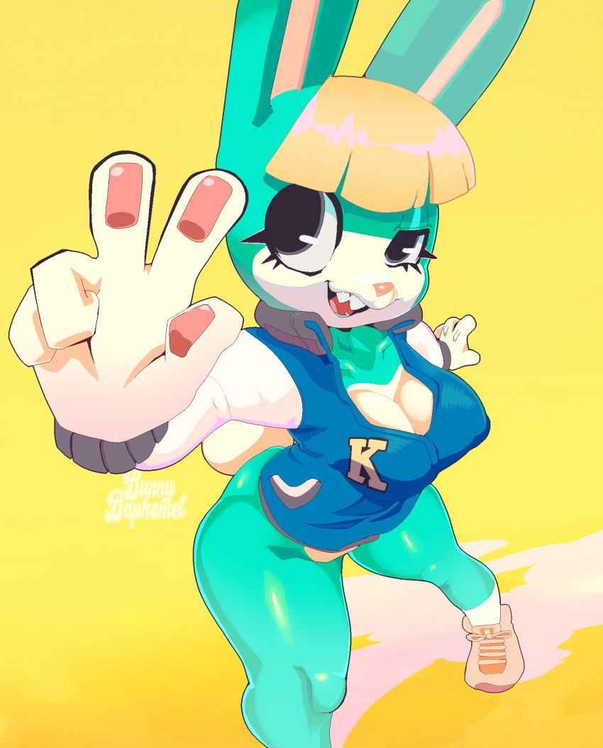 2021 5_fingers animal_crossing anthro big_breasts blonde_hair bottomless breasts cleavage clothed clothing crossgender digital_media_(artwork) female fingers footwear fur gesture green_body green_fur hair hi_res jacket lagomorph leporid mammal nintendo open_mouth open_smile pawpads pose rabbit sasha_(animal_crossing) seyferwolf shaded sharp_teeth shoes signature simple_background smile sneakers socks solo standing teeth thick_thighs topwear v_sign video_games wide_hips yellow_background