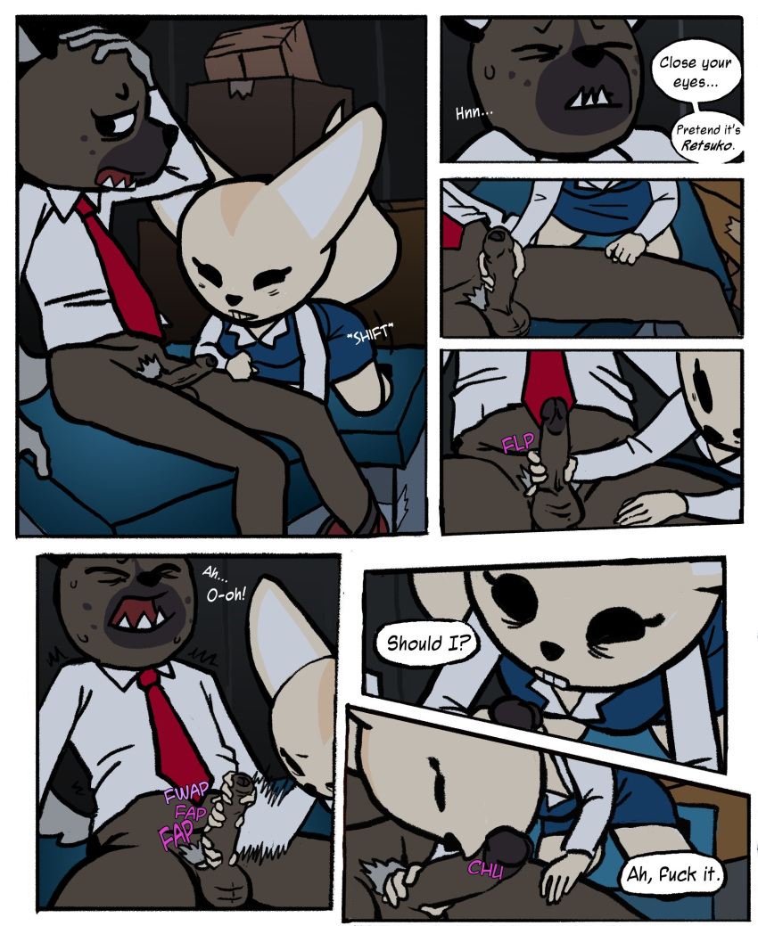 aggressive_retsuko anthro balls big-fig bottomwear bulge canid canine clothed clothing comic detailed_background dialogue duo english_text eyes_closed fellatio female fennec fenneko foreskin fox genitals haida hallway handjob hi_res hyaenid male male/female mammal moan necktie nervous office open_mouth oral pants_down partially_clothed penile penis pubes retracted_foreskin retracting_foreskin sanrio sex sitting skirt speech_bubble teeth text underwear window