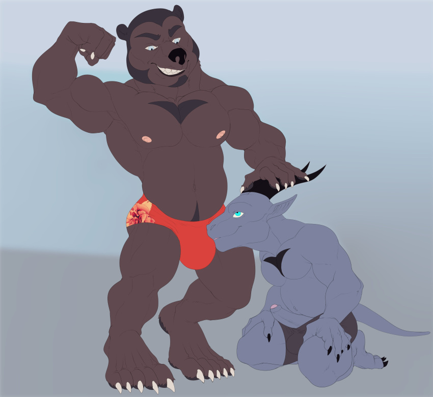 2021 2_horns 5_fingers 5_toes absurd_res anthro anthro_on_anthro balls_outline belly belly_markings big_biceps big_bulge big_muscles big_nose big_quads big_triceps black_belly black_body black_chest black_claws black_ears black_eyebrows black_horn black_markings black_nose black_pawpads black_scales blue_eyes bristol brown_arms brown_belly brown_body brown_chest brown_feet brown_fingers brown_fur brown_hands brown_legs brown_neck brown_toes bulge bulge_size_difference chest_markings claws clothed clothed_anthro clothed_male clothing colored digital_drawing_(artwork) digital_media_(artwork) dragon duo ear_tuft erection eyebrows feet fingers flat_colors flexing flexing_bicep front_view full-length_portrait fur genital_outline genitals grey_arms grey_background grey_belly grey_body grey_chest grey_ears grey_face grey_feet grey_fingers grey_hands grey_inner_ear grey_legs grey_neck grey_penis grey_scales grey_tail grey_toes hand_on_horn hands_on_legs hi_res horn huge_muscles huge_pecs humanoid_genitalia humanoid_hands humanoid_penis imminent_fellatio imminent_sex interspecies kneeling_oral_position looking_down_at_partner looking_up_at_partner male male/male male_anthro mammal markings multicolored_belly multicolored_penis muscular muscular_anthro muscular_male nipples obliques open_mouth open_smile partially_clothed_anthro partially_clothed_male pawpads penis pink_nipples pink_penis poking_out portrait scales serratus sharp_teeth simple_background small_ears smile teeth toes toony topless topless_anthro topless_male tuft two_tone_belly two_tone_chest two_tone_penis ursid white_claws