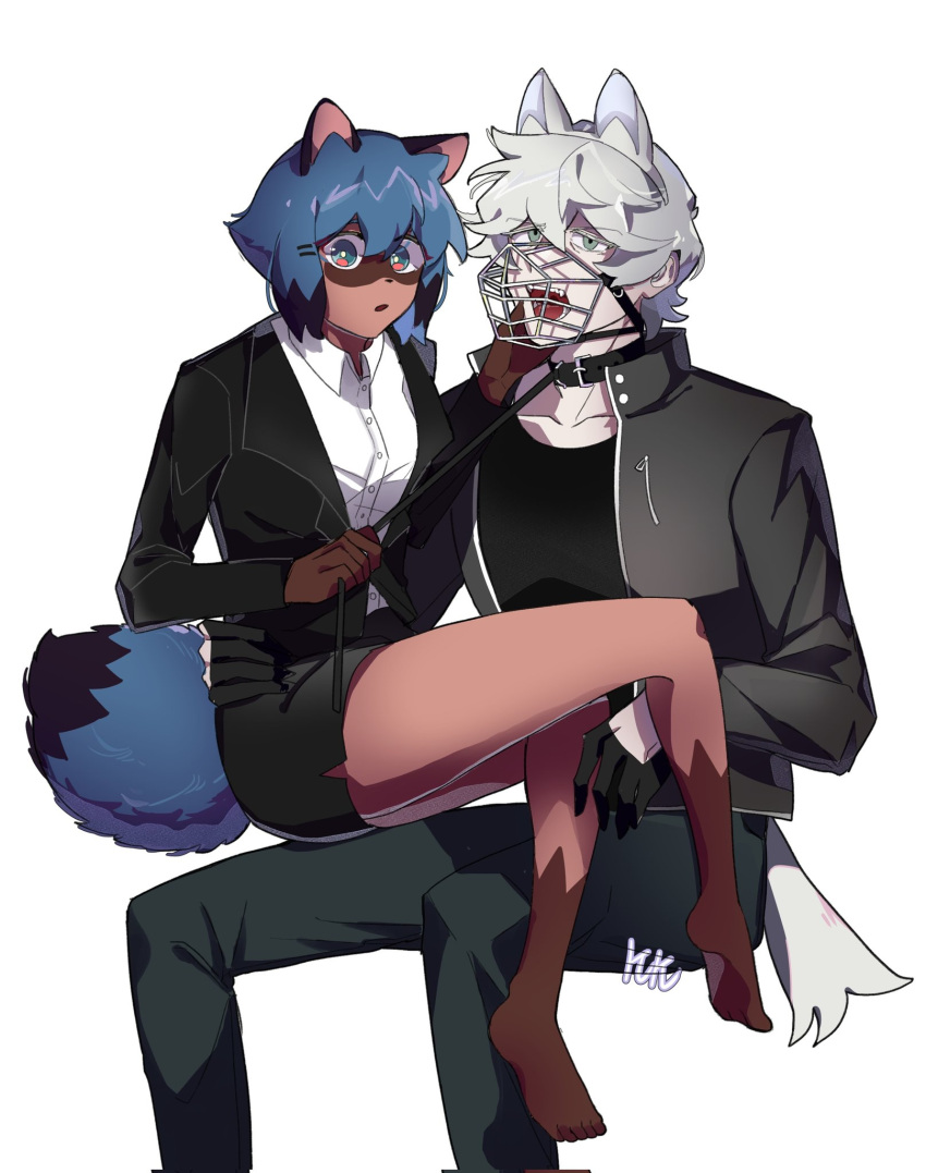 anthro barefoot brand_new_animal business_suit clothing collar dominant dominant_female duo feet female hair hi_res human kukuyo_love leather male male/female mammal michiru_kagemori muzzle_(object) on_lap open_mouth petplay roleplay shirou_ogami shocked sitting_on_lap studio_trigger suit white_hair