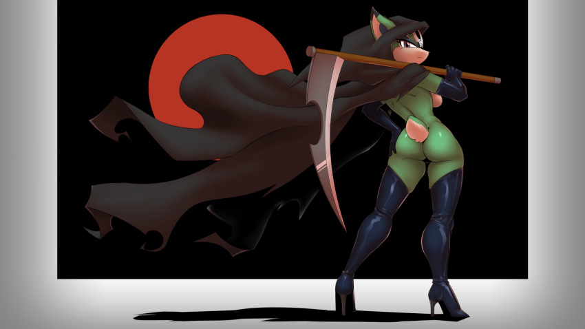 16:9 anthro archie_comics armwear boots bottomless breasts butt cloak clothed clothing clove_the_pronghorn countershade_face countershade_tail countershade_torso countershading dipstick_ears elbow_gloves female footwear gloves green_body hand_on_hip handwear hardtones hi_res high_heeled_boots high_heels holding_object holding_weapon hooded_cloak leather leather_boots leather_clothing leather_footwear leather_gloves leather_handwear legwear looking_at_viewer looking_back mammal mask_off melee_weapon moon multicolored_ears partially_clothed polearm pronghorn purple_eyes rear_view scut_tail scythe sega shaded short_tail side_boob solo sonic_the_hedgehog_(archie) sonic_the_hedgehog_(comics) sonic_the_hedgehog_(series) thigh_boots thigh_highs wallpaper weapon white_body white_countershading widescreen