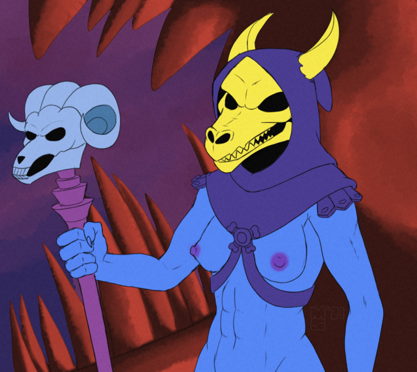 2021 5_fingers angry blue_body bone breasts crossgender female fingers holding_object holding_staff hood horn kobold masters_of_the_universe mattel minnosimmins nipples parody signature skeleton skeletor skull_head solo staff