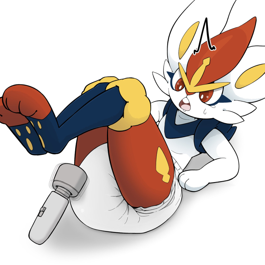 1:1 ambiguous_gender anthro bodily_fluids cinderace diaper drooling feet floating_object hi_res lagomorph legs_up leporid long_ears lying mammal masturbation nintendo nyanyakotarou on_back open_mouth pawpads pok&eacute;mon pok&eacute;mon_(species) saliva sex_toy solo sweat teeth tongue vibrating vibrator video_games white_diaper