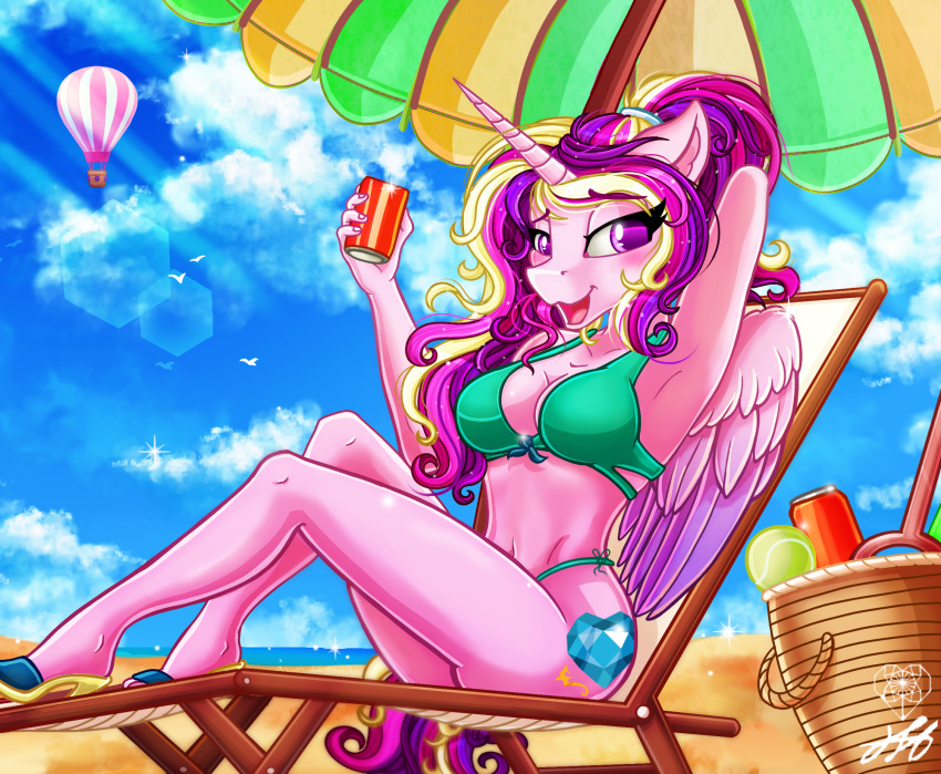 aircraft anthro ball balloon basket beverage bikini breasts chair cleavage clothed clothing container equid equine female footwear friendship_is_magic fur furniture glass_tumbler hair hasbro hi_res horn hot_air_balloon inflatable lens_flare lounge_chair mammal multicolored_hair my_little_pony outside parasol pink_body pink_fur princess_cadance_(mlp) purple_eyes purple_hair sandals sitting solo stainedglasslh sun_chair swimwear tennis_ball winged_unicorn wings