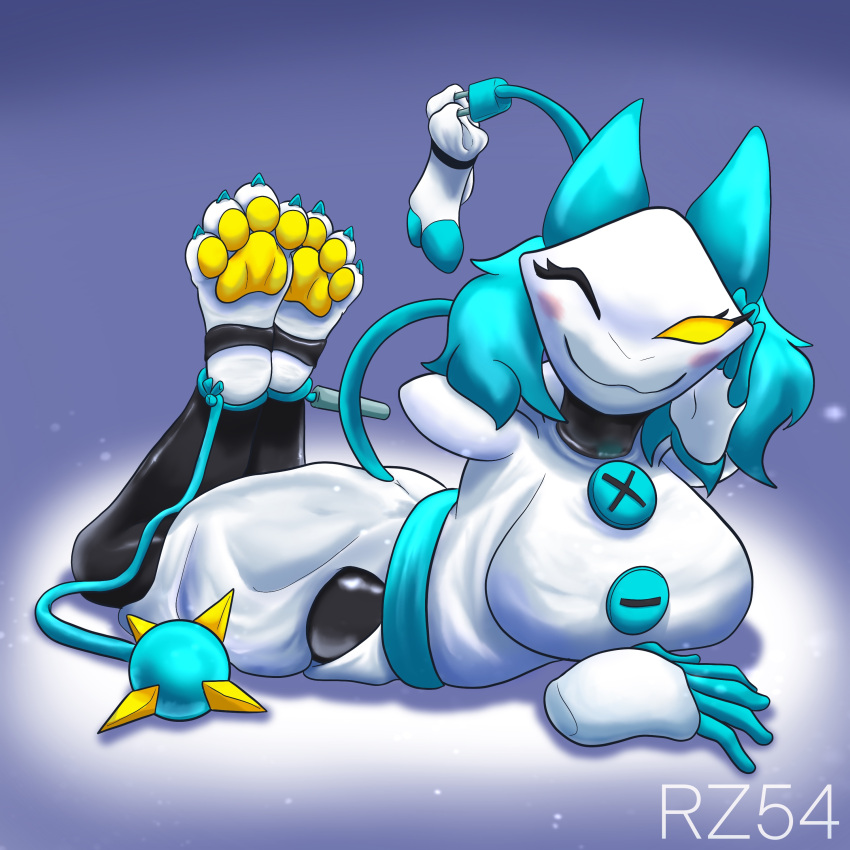 1:1 4_toes absurd_res anthro barefoot blue_hair bound breasts butt claws clothed clothing darkner deltarune feet felid female foot_fetish foot_focus footwear fully_clothed fur hair hi_res legs_tied legs_up machine mammal one_eye_closed pawpads paws plantigrade restrained robot rz54 shoes simple_background smile soles solo submissive submissive_female tasque_manager toe_claws toes undertale_(series) video_games wink yellow_eyes yellow_pawpads