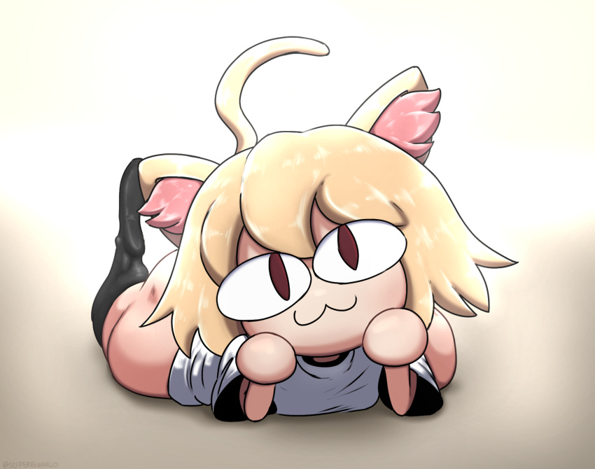 :3 animal_humanoid big_butt blonde_hair breasts butt cat_humanoid clothed clothing felid felid_humanoid feline feline_humanoid female hair hi_res humanoid inner_ear_fluff legwear mammal mammal_humanoid neco-arc pale_skin red_eyes simple_background small_breasts smile solo superbinario thick_thighs tuft