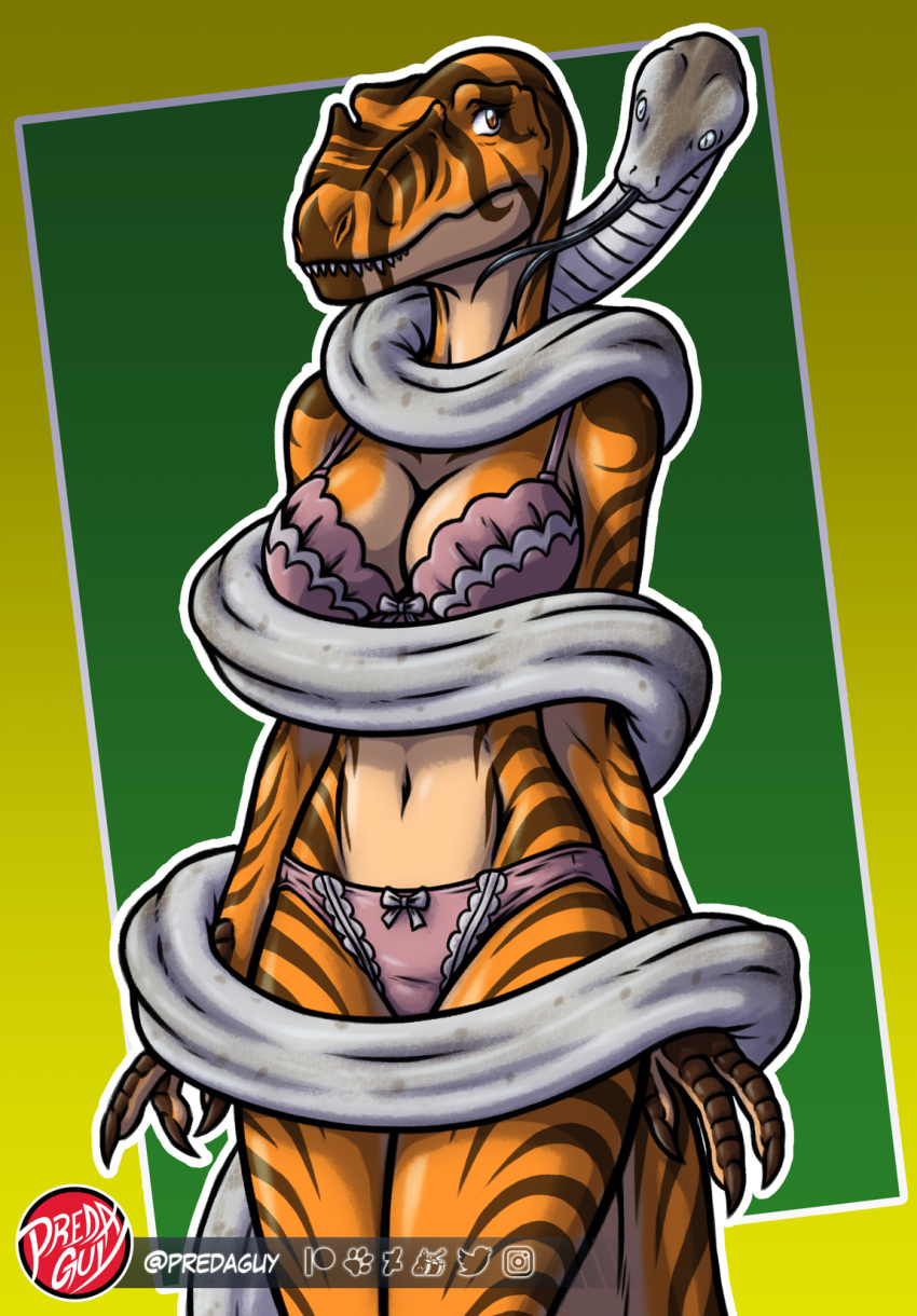 2021 3_fingers abstract_background allosaurid allosaurus amber_(raphael) ambiguous_gender anthro apode artist_logo big_breasts biped black_tongue boa_(snake) boinae bow_bra bow_panties bra breasts brown_body brown_claws brown_eyes brown_scales chilabothrus claws cleavage clothed clothing coiling countershade_arms countershade_breasts countershade_face countershade_hands countershade_legs countershade_neck countershade_scales countershade_tail countershade_torso countershading crotch_lines digital_drawing_(artwork) digital_media_(artwork) dinosaur duo eyelashes female feral finger_claws fingers forked_tongue front_view green_background grey_body grey_scales hi_res legless lingerie logo markings navel non-mammal_breasts non-mammal_navel orange_body orange_scales outline panties pink_bra pink_clothing pink_lingerie pink_panties pink_underwear portrait predaguy reptile scales scalie sharp_teeth silver_boa simple_background snake snout spots spotted_body spotted_markings spotted_scales striped_body striped_scales stripes tan_body tan_countershading teeth theropod three-quarter_portrait tongue tongue_out underwear underwear_only white_body white_countershading white_outline white_scales worried