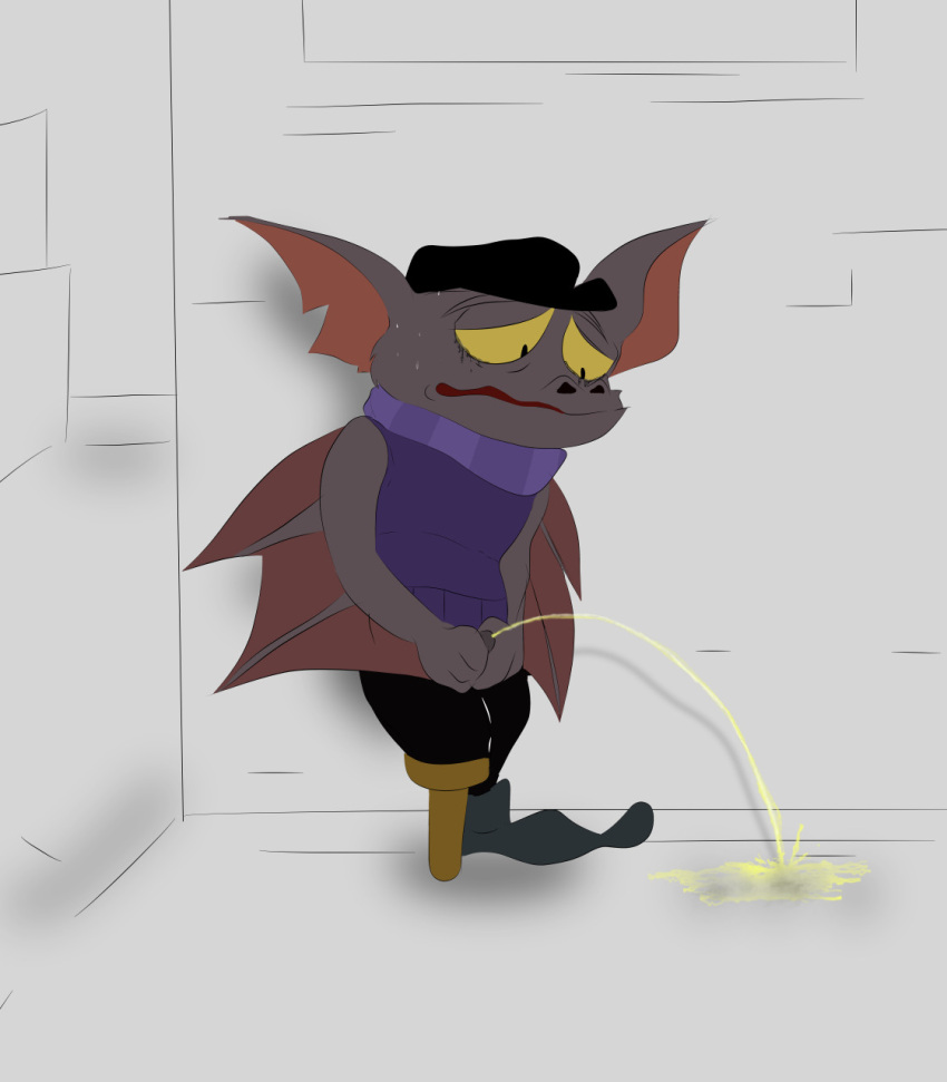 anthro bodily_fluids chiropteran desperation disney fidget_(disney) genital_fluids genitals hi_res holding_penis illegaleel male mammal omorashi peeing pegleg penis poking_out public_urination relieved simple_background solo sweat the_great_mouse_detective urine urine_stream watersports