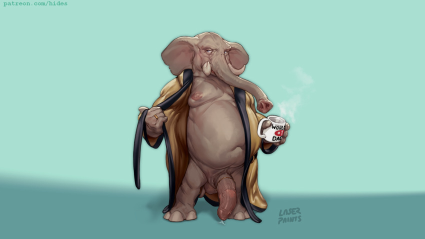 16:9 2021 accessory animal_genitalia animal_penis anthro balls bathrobe big_penis blue_eyes bodily_fluids clothing cock_ring coffee_cup container cup digital_media_(artwork) elephant elephant_penis elephantid genital_fluids genitals green_background grey_body grey_skin hi_res horace_(laser) jewelry laser_(artist) male mammal nipples overweight overweight_male penis penis_accessory penis_jewelry precum proboscidean ring robe simple_background solo standing trunk tusks widescreen