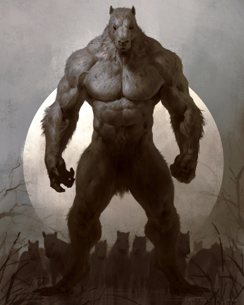 4:5 abs anthro big_arms big_pecs capybara caviid feral full_moon group hi_res male mammal menacing_(disambiguation) moon muscular muscular_male nude pecs pubes rodent standing taran_fiddler thick_thighs were