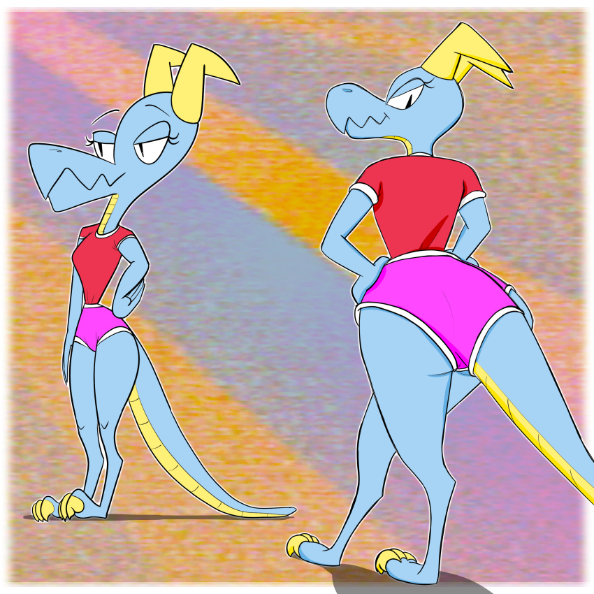 1:1 2_horns absurd_res anthro blue_body blue_scales bottomwear burgerpocalypse butt claws clothed clothing female fully_clothed gym_bottomwear gym_clothing gym_shorts hand_on_hip hi_res horn kobold scales scalie shorts smile solo tight_clothing wide_hips