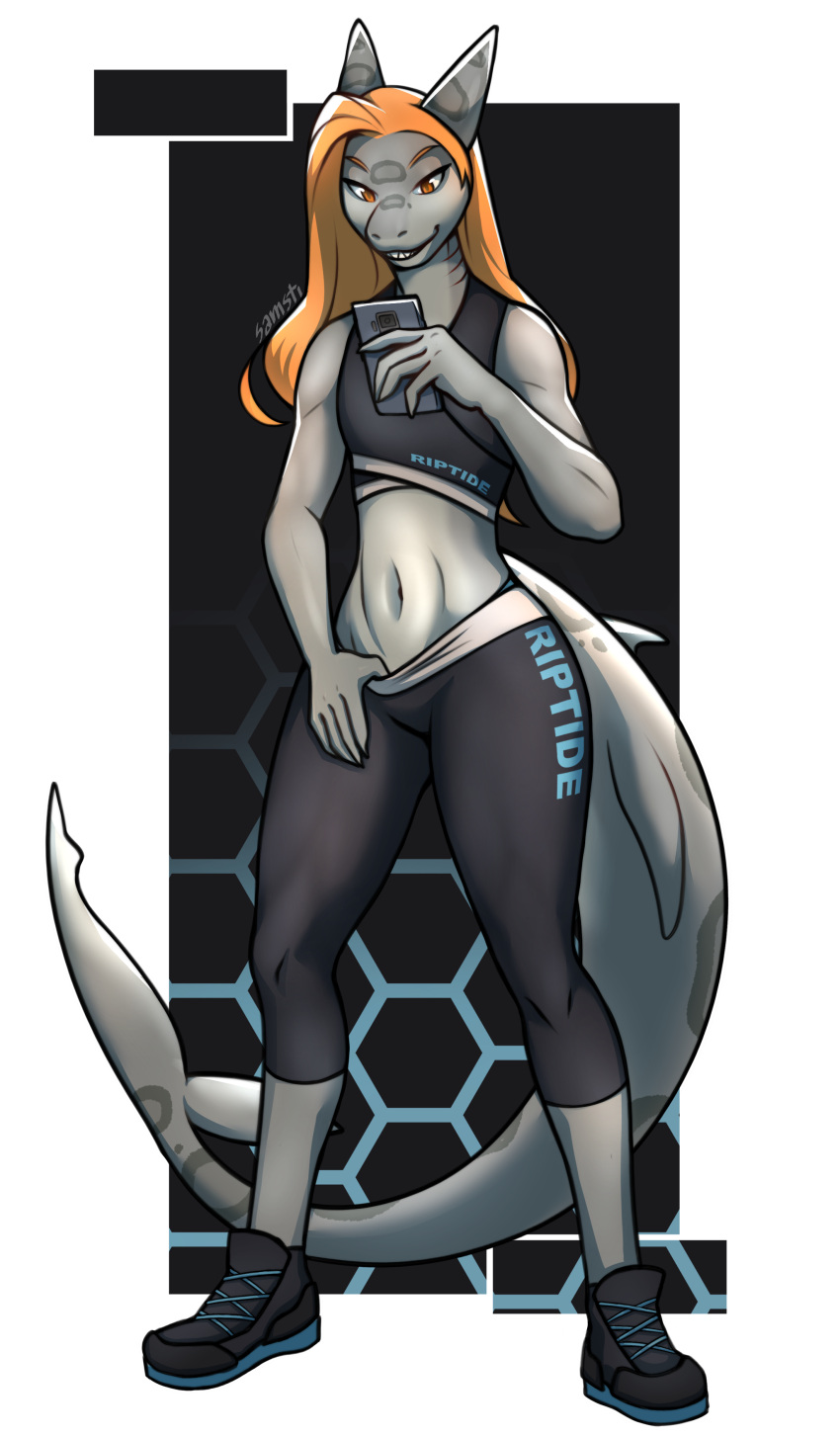 absurd_res anthro clothing exercise female fish flat_chested gills ground_shark hi_res leggings legwear leopard_shark marine markings muscular muscular_thighs samsti selfie shark shark_tail solo spots spotted_markings teasing triakid workout workout_clothes workout_outfit