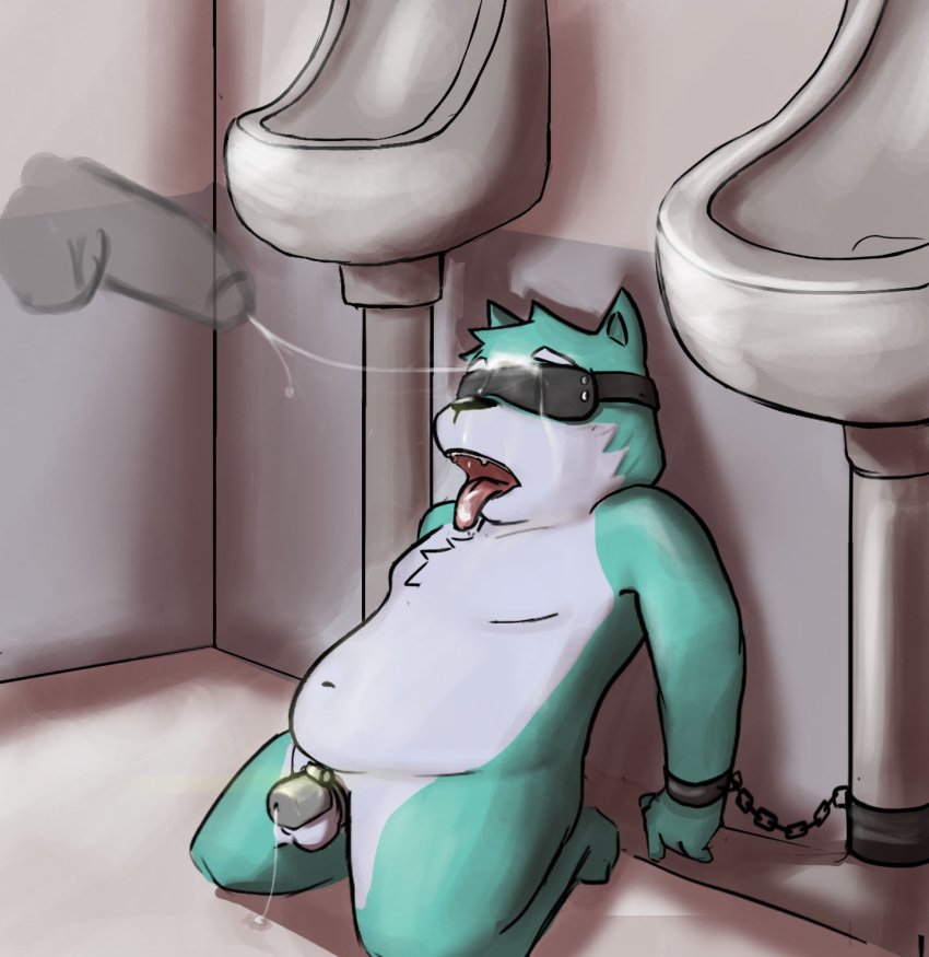 blindfold blue_body blue_fur blue_wolf bodily_fluids chastity_cage chastity_device cum cum_on_face fur genital_fluids handcuffed handcuffs hi_res kneeling male male/male precum precum_string restraints sebasteray shackles tongue tongue_out urinal