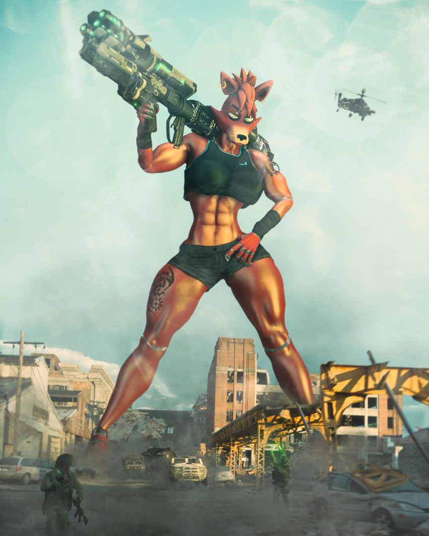 absurd_res animatronic anthro battle biceps big_breasts bottomwear breasts canid canine car clothed clothing crossgender destruction ear_piercing female five_nights_at_freddy's fox foxy_(fnaf) gun hi_res machine macro mammal muscular muscular_anthro muscular_female parovozik piercing poster ranged_weapon robot shorts soldier standing tattoo town vehicle video_games warrior weapon