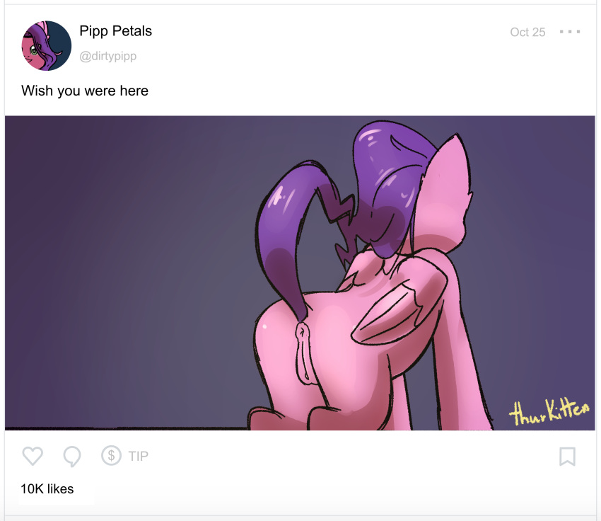 absurd_res animal_genitalia anus butt digital_media_(artwork) english_text equid equine feathered_wings feathers female feral friendship_is_magic fur genitals hair hasbro hi_res hooves horse mammal mlp_g5 my_little_pony nude onlyfans pegasus pink_body pink_fur pipp_petals_(mlp) pony presenting purple_hair pussy raised_tail rear_view simple_background social_media solo text thurkitten wings