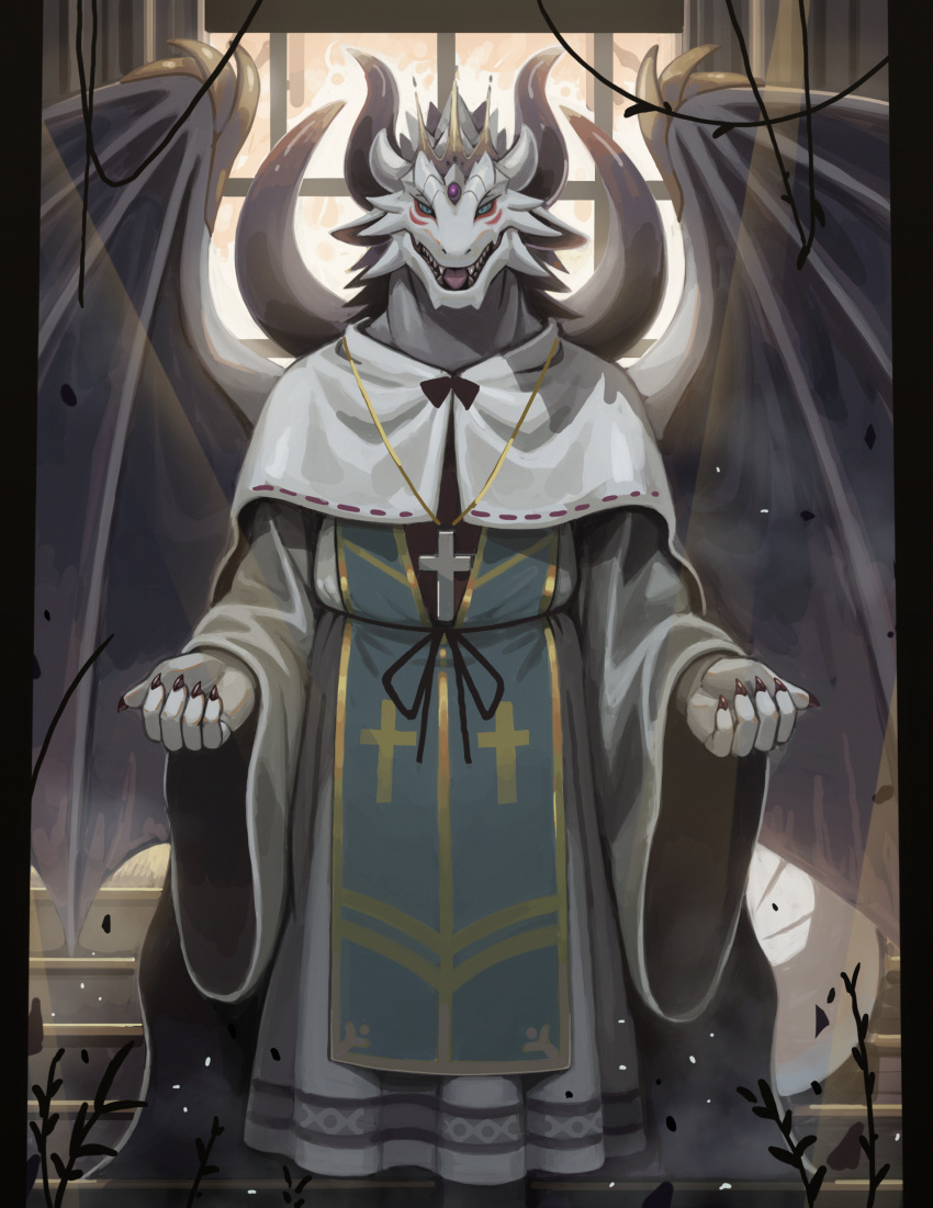 absurd_res anthro cross cross_necklace crucifix dragon hi_res jewelry kemono korosuke556 looking_at_viewer male membrane_(anatomy) membranous_wings necklace priest priest_robes religion scalie solo western_dragon window wings