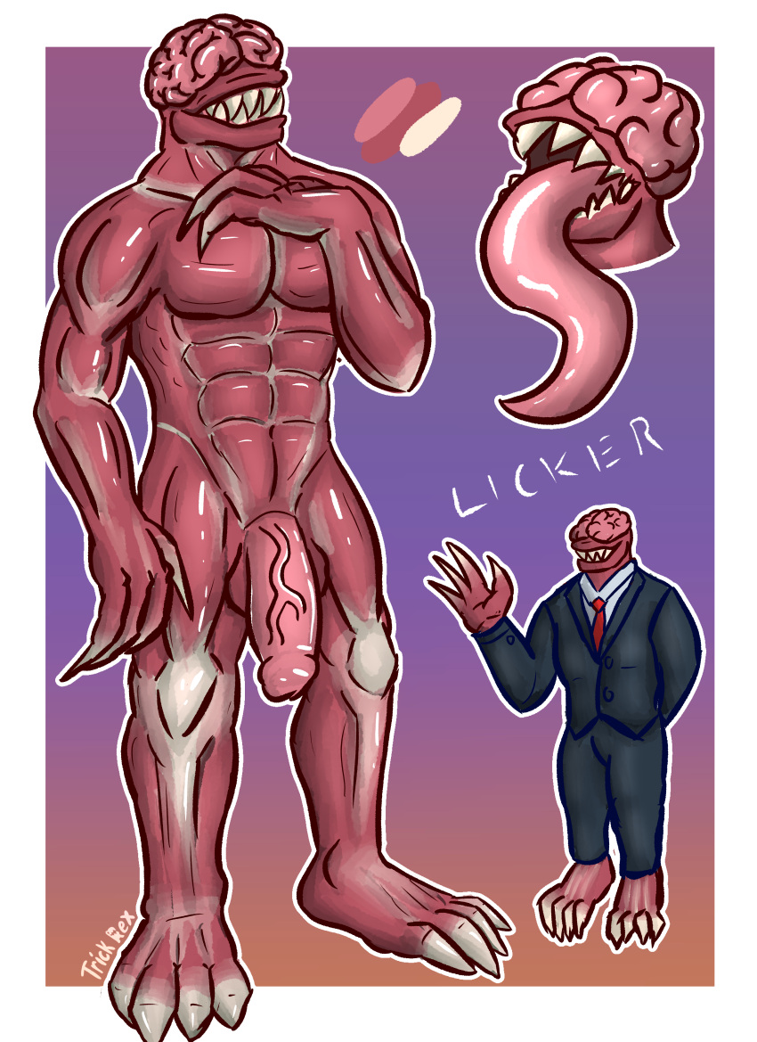 abs absurd_res balls big_balls black_tie_(suit) bow_experiment_(resident_evil) brain capcom clawed_fingers clawed_toes claws clothing exposed_muscle feet genitals gesture group hi_res humanoid lean_muscle licker_(resident_evil) long_penis long_tongue male male/male monster muscular nerves nude organs penis quadriceps resident_evil sharp_claws sharp_teeth simple_background smile suit t-virus_mutant_(resident_evil) teeth tongue tongue_out trick_rex_(artist) undead vein veiny_muscles veiny_penis video_games waving zombie