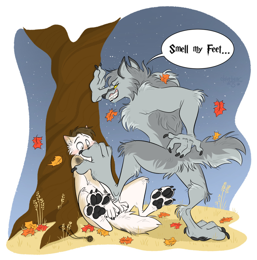 absurd_res anthro autumn canid canine canis dialogue duo female foot_fetish foot_on_face foot_sniffing halloween hi_res holidays jewelry leaf male mammal necklace plant sabbyth sniffing speech_bubble strawbear text tree were werecanid werecanine werewolf wolf
