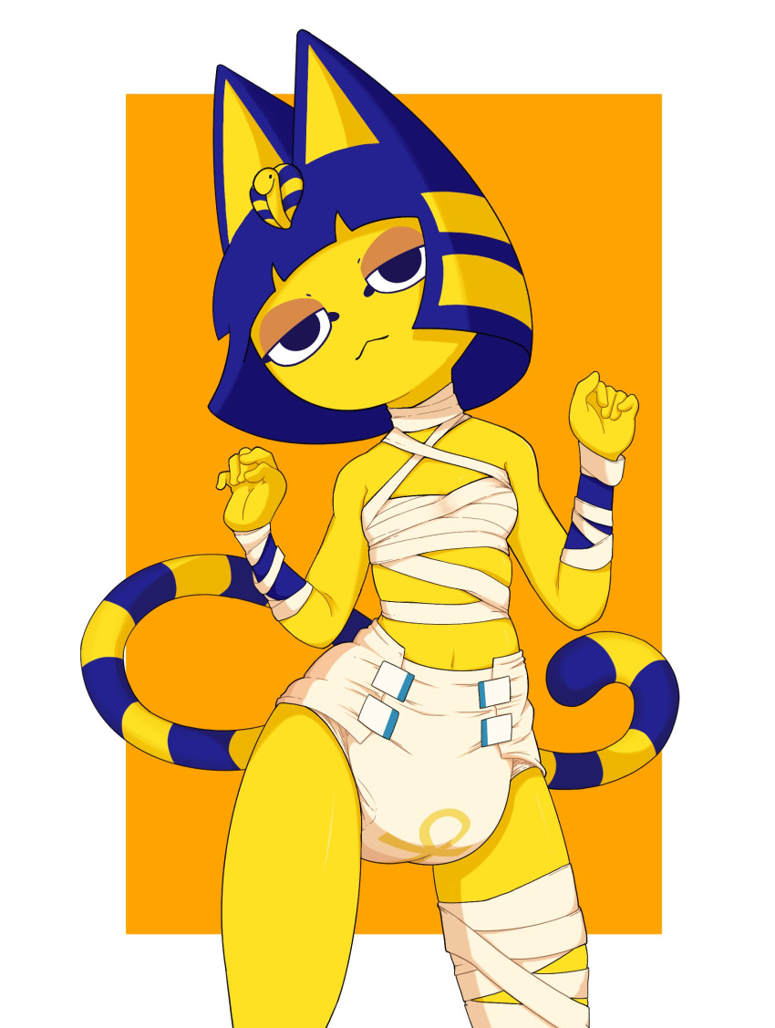 absurd_res animal_crossing ankha_(animal_crossing) anthro arms_above_head bandage diaper domestic_cat felid feline felis female hi_res looking_at_viewer mammal nintendo octojo smile solo standing video_games white_diaper