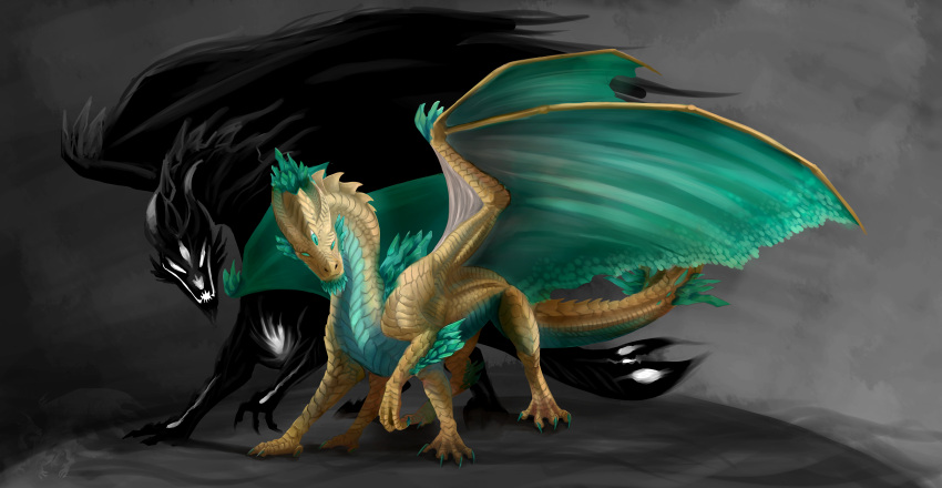2021 absurd_res ambiguous_gender claws digital_media_(artwork) dragon duo feral gelangweiltertoaster gold_scales hi_res horn membrane_(anatomy) membranous_wings scales scalie spines standing western_dragon wings