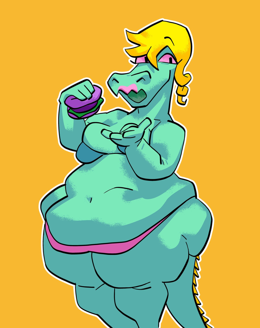 alligator alligatorid anthro belly big_belly big_breasts big_butt blonde_hair bra bratty_(undertale) breasts burger butt cleavage clothed clothing crocodilian curled_hair deep_navel female food front_view glamburger green_body green_scales hair hi_res holding_burger holding_food holding_object huge_hips lipstick looking_aside love_handles makeup navel non-mammal_breasts nondelismell obese obese_anthro obese_female open_mouth overweight overweight_anthro overweight_female panties pink_sclera reptile scales scalie sharp_teeth simple_background skimpy solo spines standing tail_spines teeth thick_tail thick_thighs undertale_(series) underwear wide_hips yellow_spines