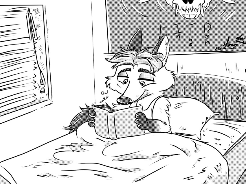 2017 ahappypichu-mod anthro bed bedding bedroom blanket book canid canine clothing detailed_background disney fox furniture gerardson gideon_grey humanoid_hands inside male mammal monochrome pillow reading shirt sitting solo topwear zootopia