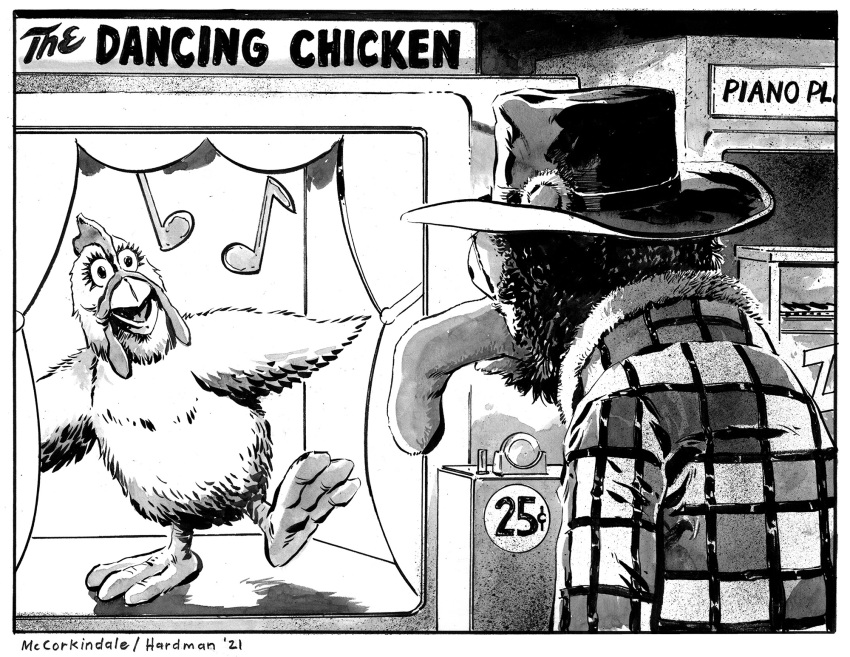 2021 anthro avian avian_caruncle beak big_nose bird black_and_white border bruce_mccorkindale camilla_the_chicken chicken clothing comic crossover curtains duo english_text female feral gabriel_hardman galliform gallus_(genus) gonzo_(muppets) greyscale hat headgear headwear hi_res jacket male male/female mammal monochrome muppet muppets parody phasianid signature stroszek text the_muppet_show theater topwear white_border