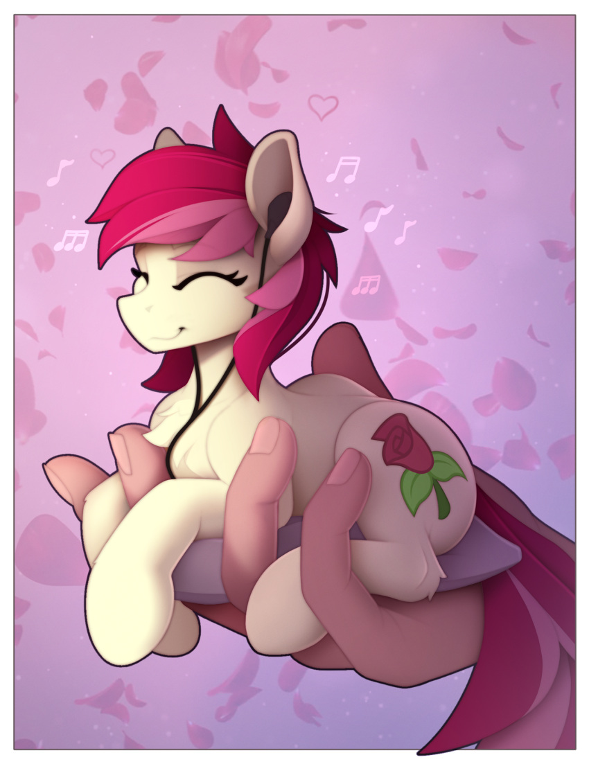 &lt;3 chest_tuft cutie_mark earbuds equid equine eyes_closed friendship_is_magic hair headphones hi_res horse humanoid_hands listening_to_music mammal micro musical_note my_little_pony pillow pink_hair pony red_hair rose_(mlp) tuft yakovlev-vad