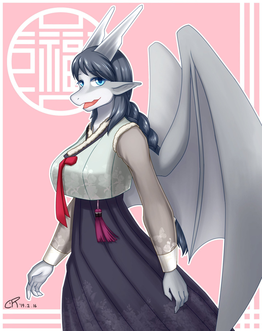 2019 anthro asian_clothing big_breasts blue_eyes breasts business_dragon_(coolryong) clothing coolryong dragon east_asian_clothing female hanbok hi_res horn korean_clothing membrane_(anatomy) membranous_wings simple_background solo wings