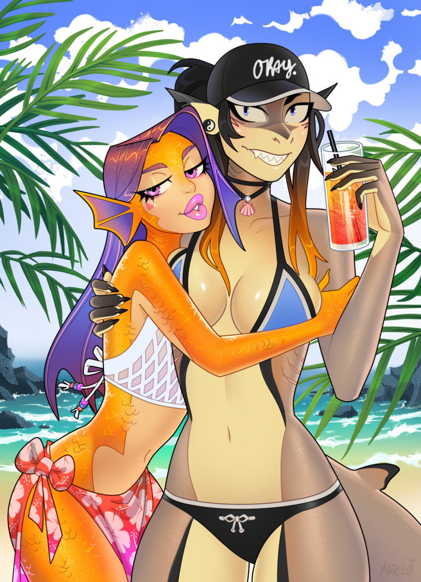 anthro arm_around_back beach beverage blue_eyes bra breasts claws clothing cloud collar container cup duo embrace fayleh female fin fish glass glass_container glass_cup hair hat head_fin headgear headwear hi_res hug lips looking_at_viewer marine navel outside panties purple_eyes sand seaside shark sharp_teeth size_difference sky teeth underwear water