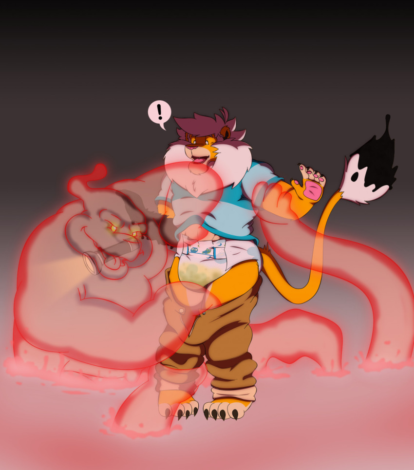 anthro bodily_fluids clothed clothing diaper duo felid flashlight genital_fluids ghost hi_res inklion leg_grab leoniro_the_inklion lion male male/male mammal pantherine pants_down partially_clothed spirit stomach_mouth urine wet_diaper wetting white_diaper