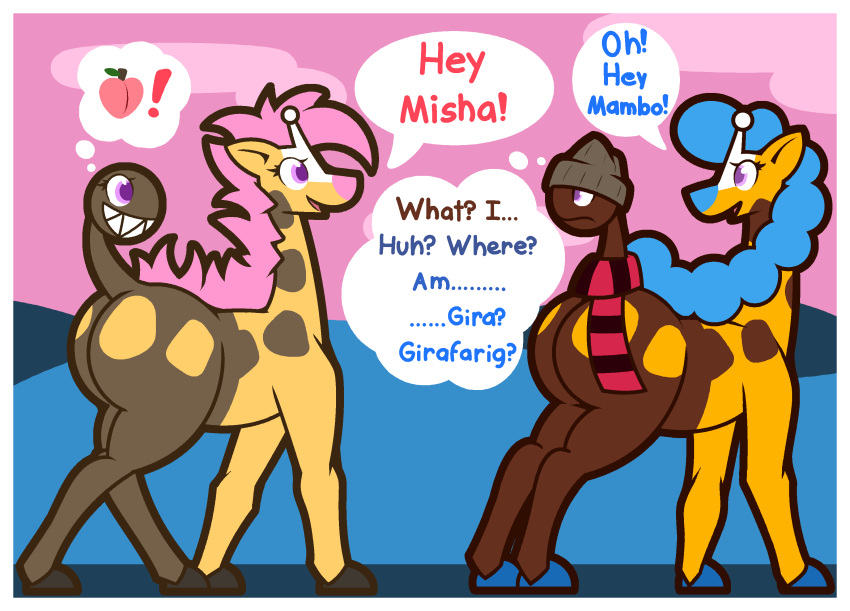 absurd_res after_transformation border butt dialogue duo english_text female feral girafarig hi_res ika_(ikakins) ikakins implied_transformation living_tail nintendo pok&eacute;mon pok&eacute;mon_(species) tail_head tail_mouth text unusual_anatomy unusual_tail video_games white_border