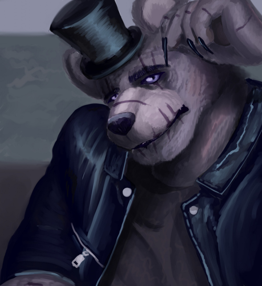 2021 anthro black_nose brown_body brown_fur clothing digital_media_(artwork) digital_painting_(artwork) eye_scar eyebrows facial_scar fingernails five_nights_at_freddy's five_nights_at_freddy's_4 fur glistening glistening_eyes hat headgear headwear hi_res jacket leather leather_clothing leather_jacket leather_topwear lip_scar long_fingernails looking_at_viewer male mammal nails nightmare_freddy_(fnaf) pinumontbalou pose scar sharp_fingernails sharp_nails shirt snout snout_scar solo top_hat topwear ursid video_games